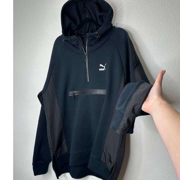 Puma Mens Black & Vinyl 3/4 Zip Pullover Thin Hooded Sweatshirt XL - Picture 1 of 15